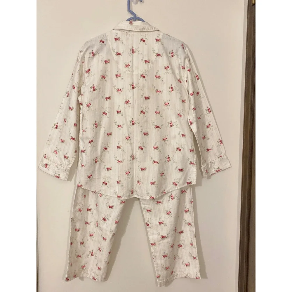 Lauren Ralph Lauren Womens Floral Stripe Pajama Set White Pink Cotton Large